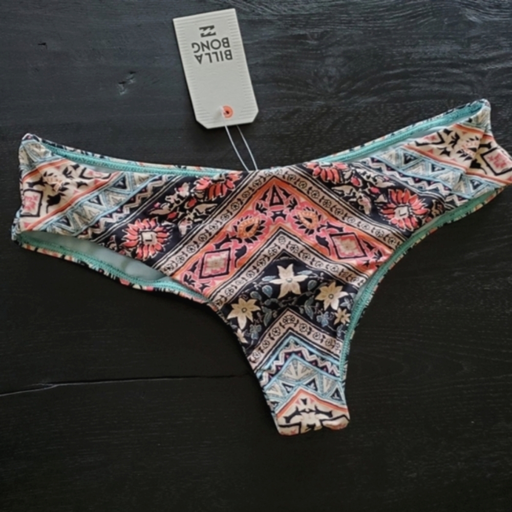 Billabong "Blissed Out Hawaii" Bikini Bottom, Ruched Bum, Teal/Coral, Large, NWT
